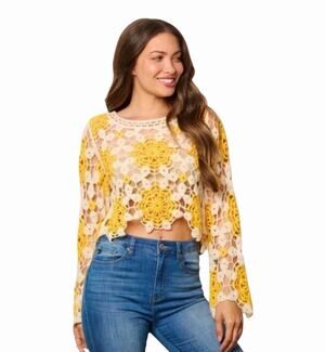 Available Crochet Floral Crop Top Yellow Ivory Bell Sleeve Boho One Size NWT